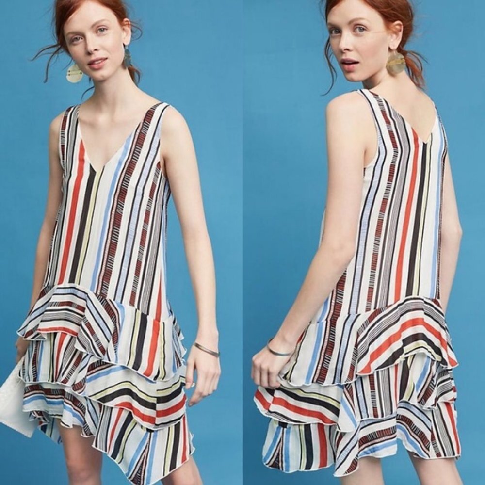 Anthropologie Eva Franco Milana Striped Summer Dress Tiered Drop Waist Rainbow